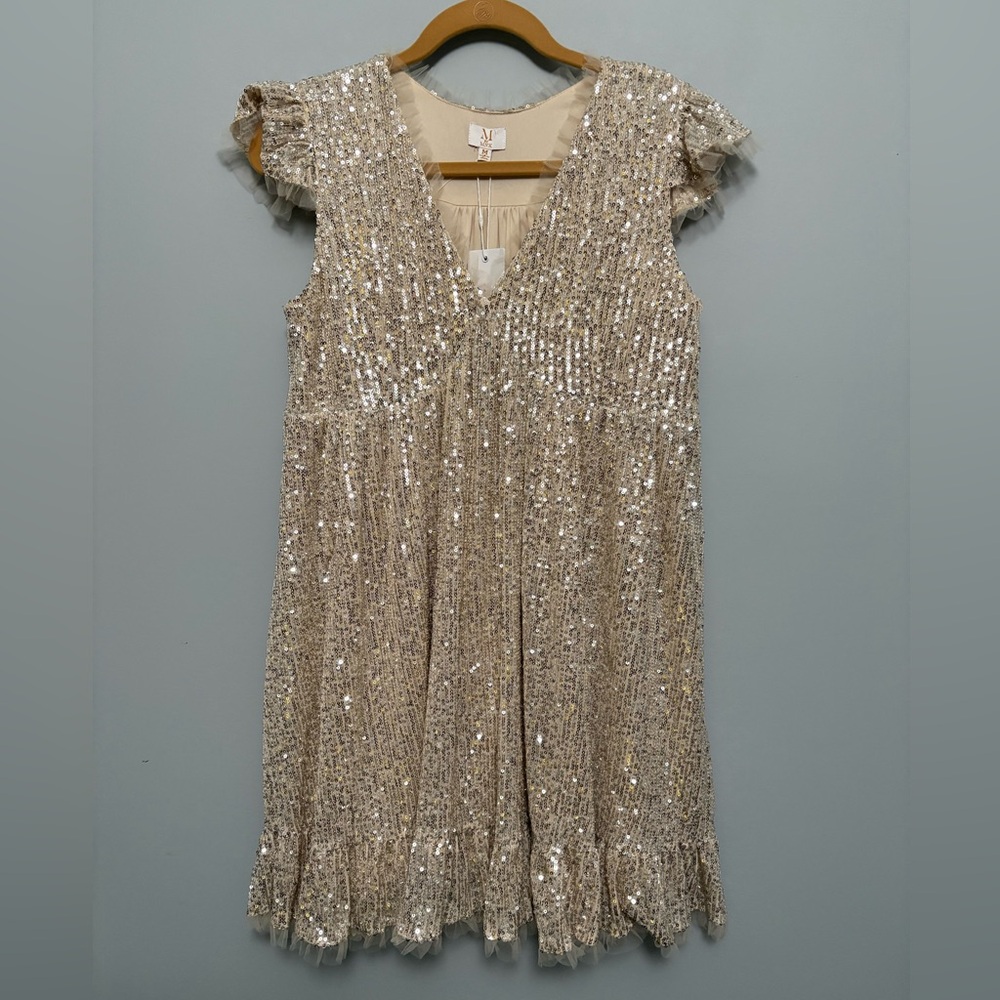 M by MNK Nude Babydoll Dress with Sparkling Silver Sequins